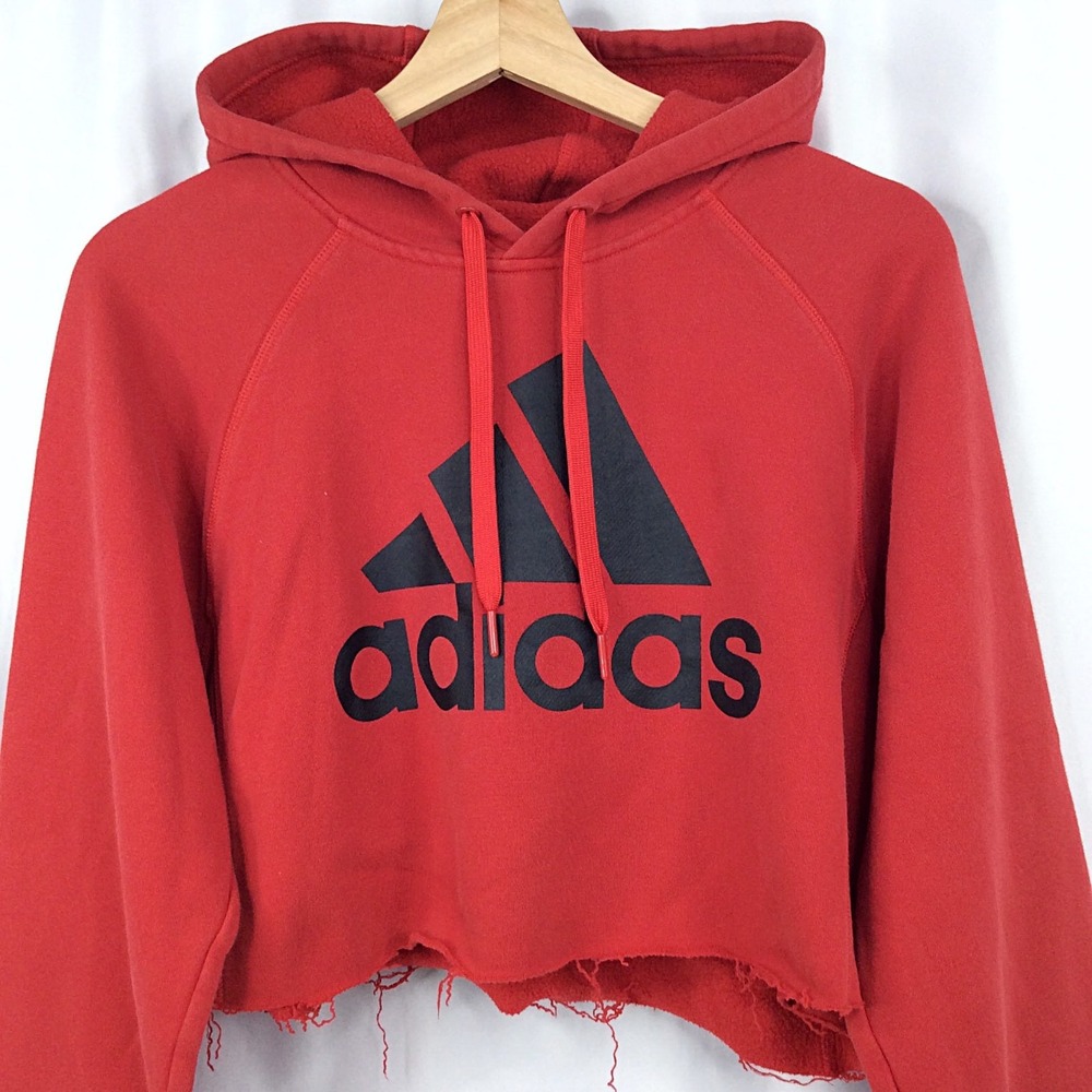 Adidas Women's Crop Hoodie Sweatshirt Size Medium Red Frayed Hem - Picture 2 of 9